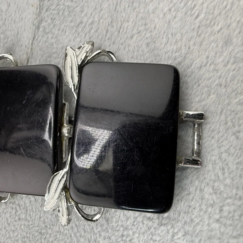 Vintage Thermoset Bracelet Silver‎ Tone Black Wide Chunky MCM  7
